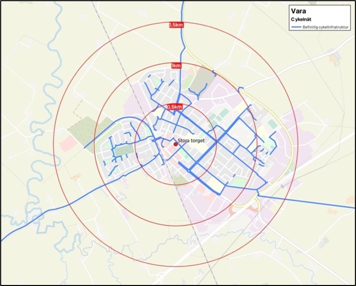 Bild på befintligt cykelvägnät i Vara tätort med avstånd från Stora torget