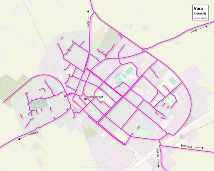 Bild som visar planer för framtida cykelvägnät i Vara tätort