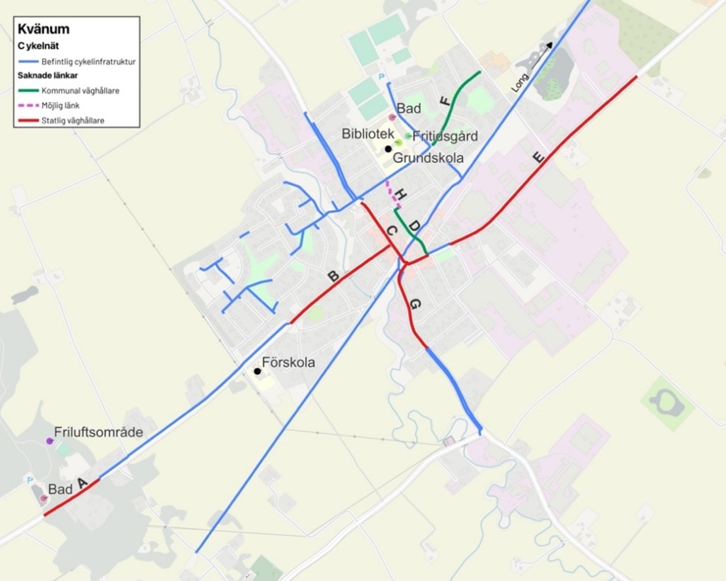 Bild som visar befintlig cykelinfrastruktur och saknade länkar i Kvänum