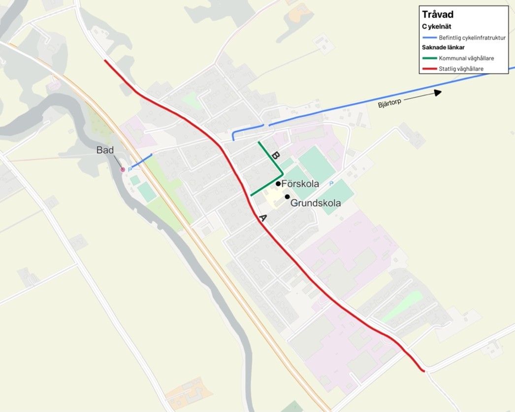 Bild som visar befintlig cykelinfrastruktur och saknade länkar i Tråvad