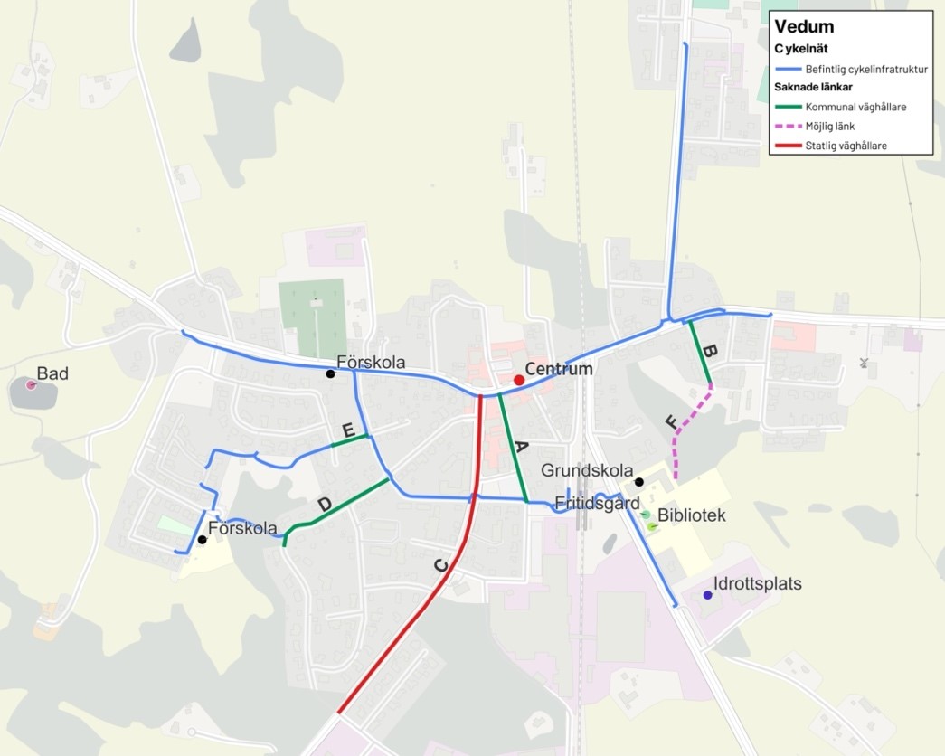 Bild som visar befintlig cykelinfrastruktur och saknade länkar i Vedum