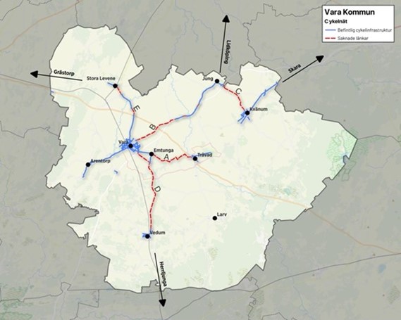 Bild som visar befintlig cykelväg mellan tätorterna i Vara kommun och saknade länkar.