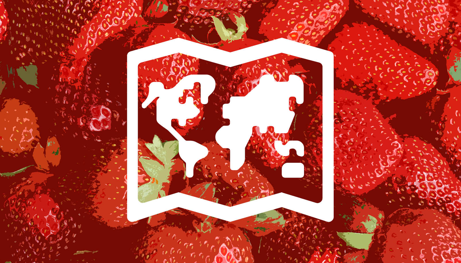 Bakgrund röda illustrerade jordgubbar med vit ikon för karta på.