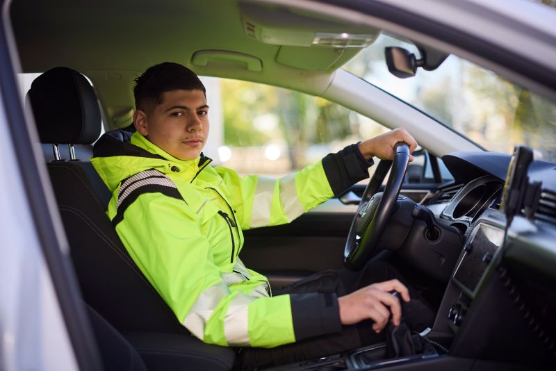 Elev som sitter vid ratten i en lastbil.