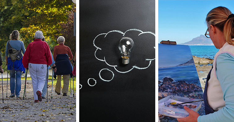 Montage av tre bilder: kvinnor som går stavgång, en glödlampa, en kvinna som målar en tavla på stafli.